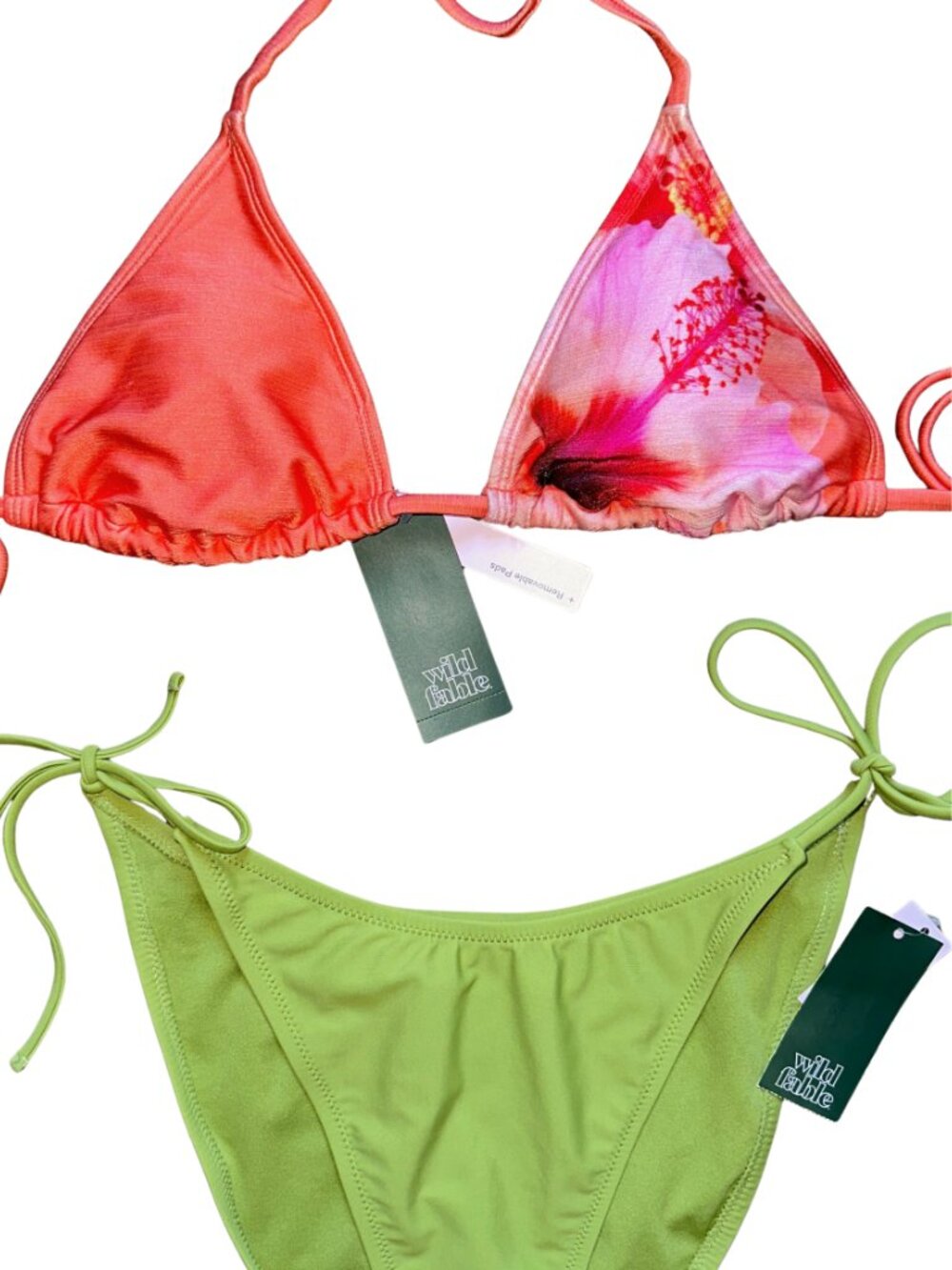 NWT Wild Fable Coral Pink Hibiscus Tropical Print Triangle Halter Bikini Top M - Picture 9 of 10